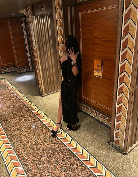 Buyishang Sexy Mermaid Spaghetti Straps Sequin Slit Black Long Prom Dresses Party Dress